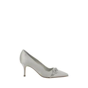 Manolo Blahnik Asapump Women Silver Pumps Satin Rhinestones Kitchen Heel Shoes