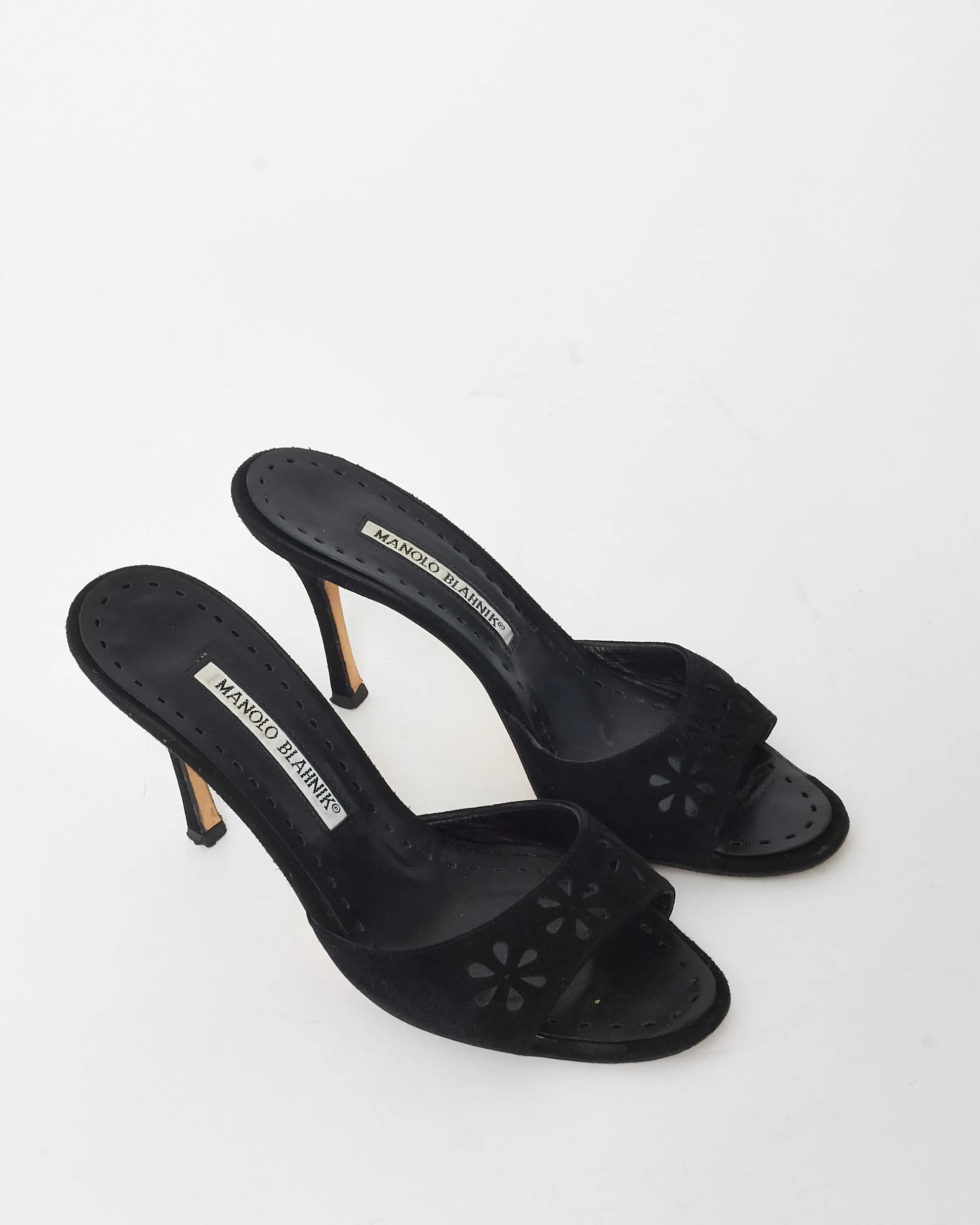Manolo Blahnik Black Suede Eyelet Mule Heel Sandals - 37