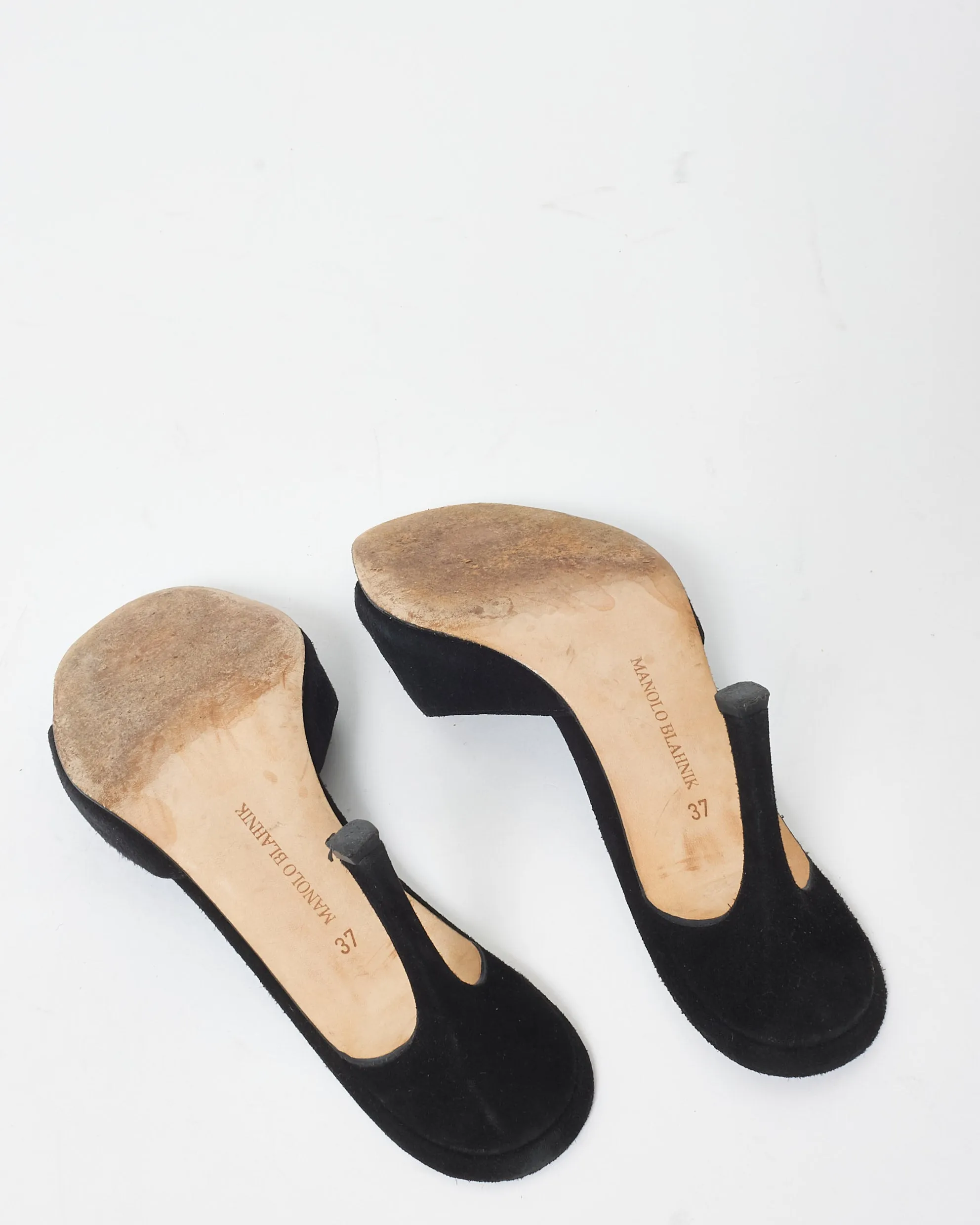 Manolo Blahnik Black Suede Eyelet Mule Heel Sandals - 37
