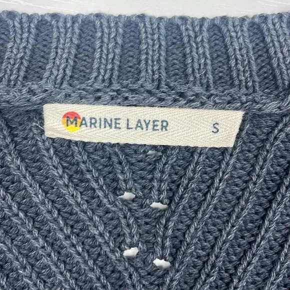 Marine Layer Ezra V-Neck Cotton Chunky Knit Pullover Sweater Boho Navy Small