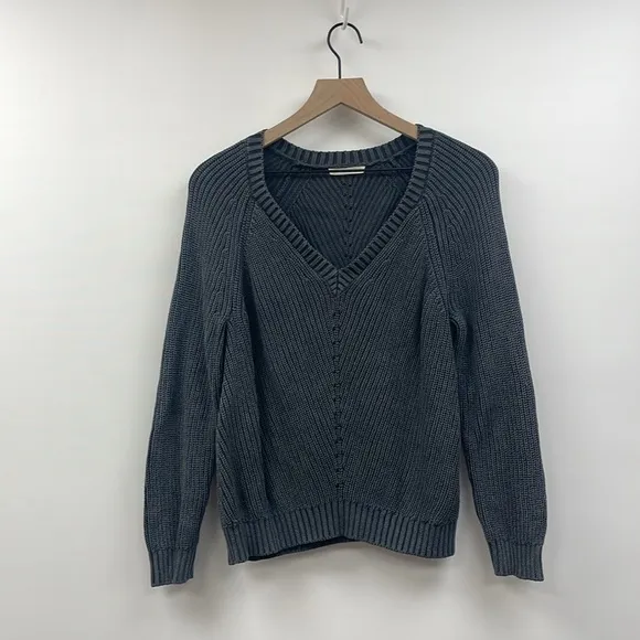 Marine Layer Ezra V-Neck Cotton Chunky Knit Pullover Sweater Boho Navy Small