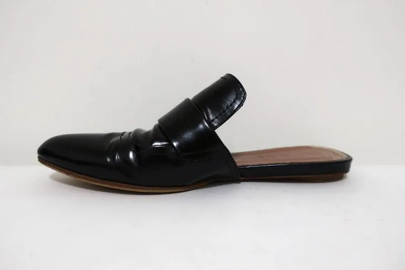 Marni Backless Loafers Sabot Black Glossy Leather Size 37 Pointed Toe Flat Mules
