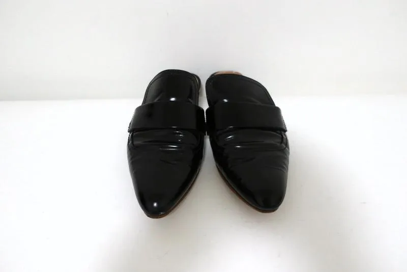 Marni Backless Loafers Sabot Black Glossy Leather Size 37 Pointed Toe Flat Mules