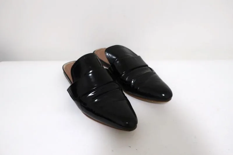 Marni Backless Loafers Sabot Black Glossy Leather Size 37 Pointed Toe Flat Mules