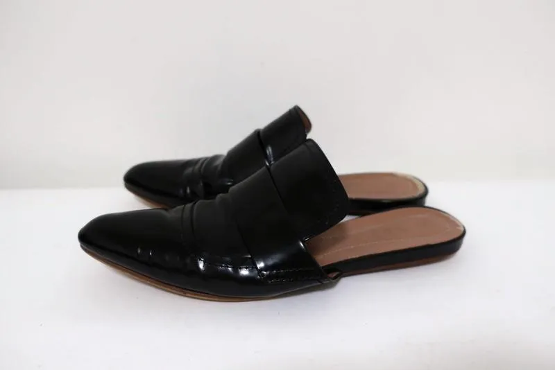 Marni Backless Loafers Sabot Black Glossy Leather Size 37 Pointed Toe Flat Mules