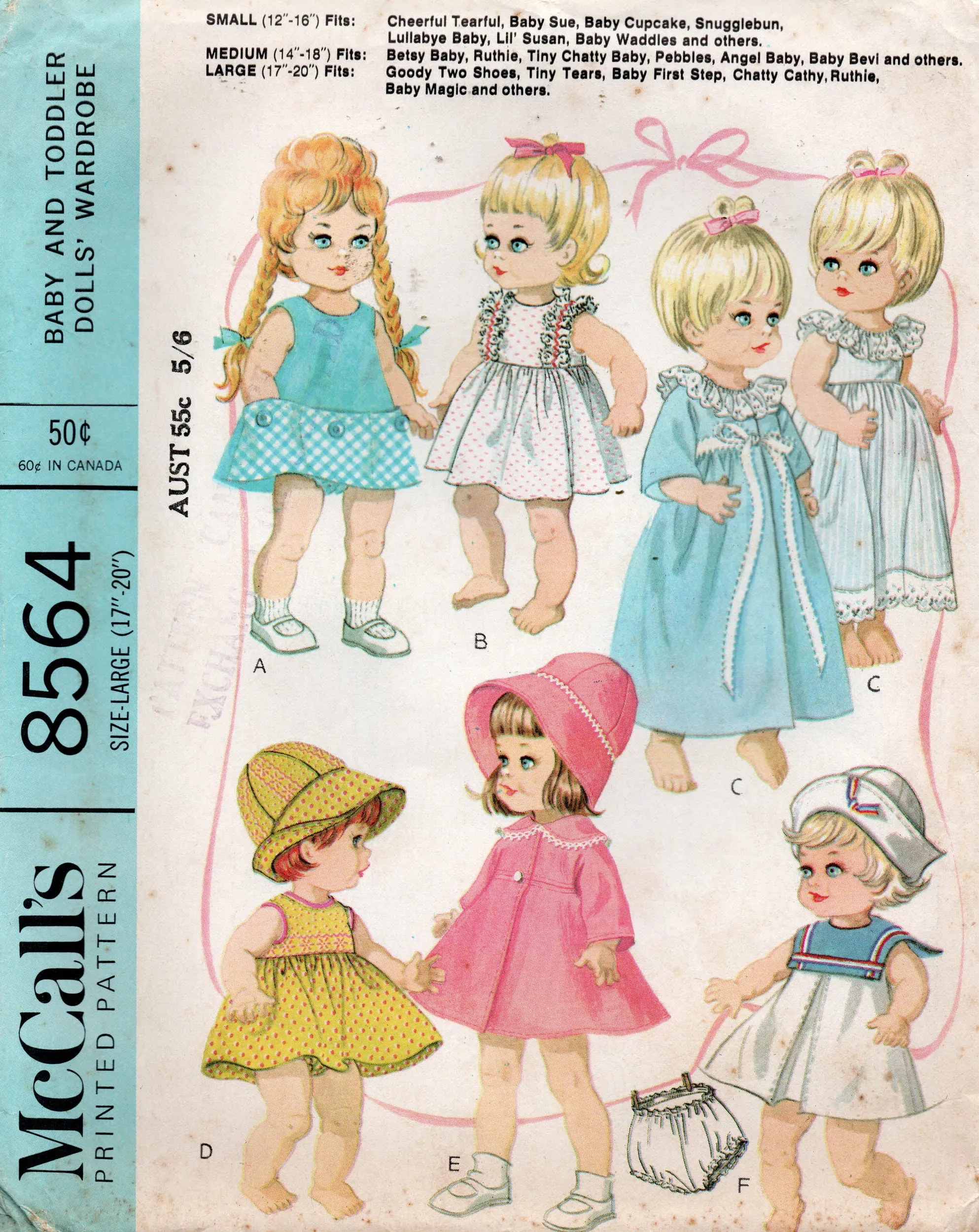 McCall's 8564 Retro Baby Dolls Clothing 17 - 20 Inch Dolls Clothes 1960s Vintage Sewing Pattern