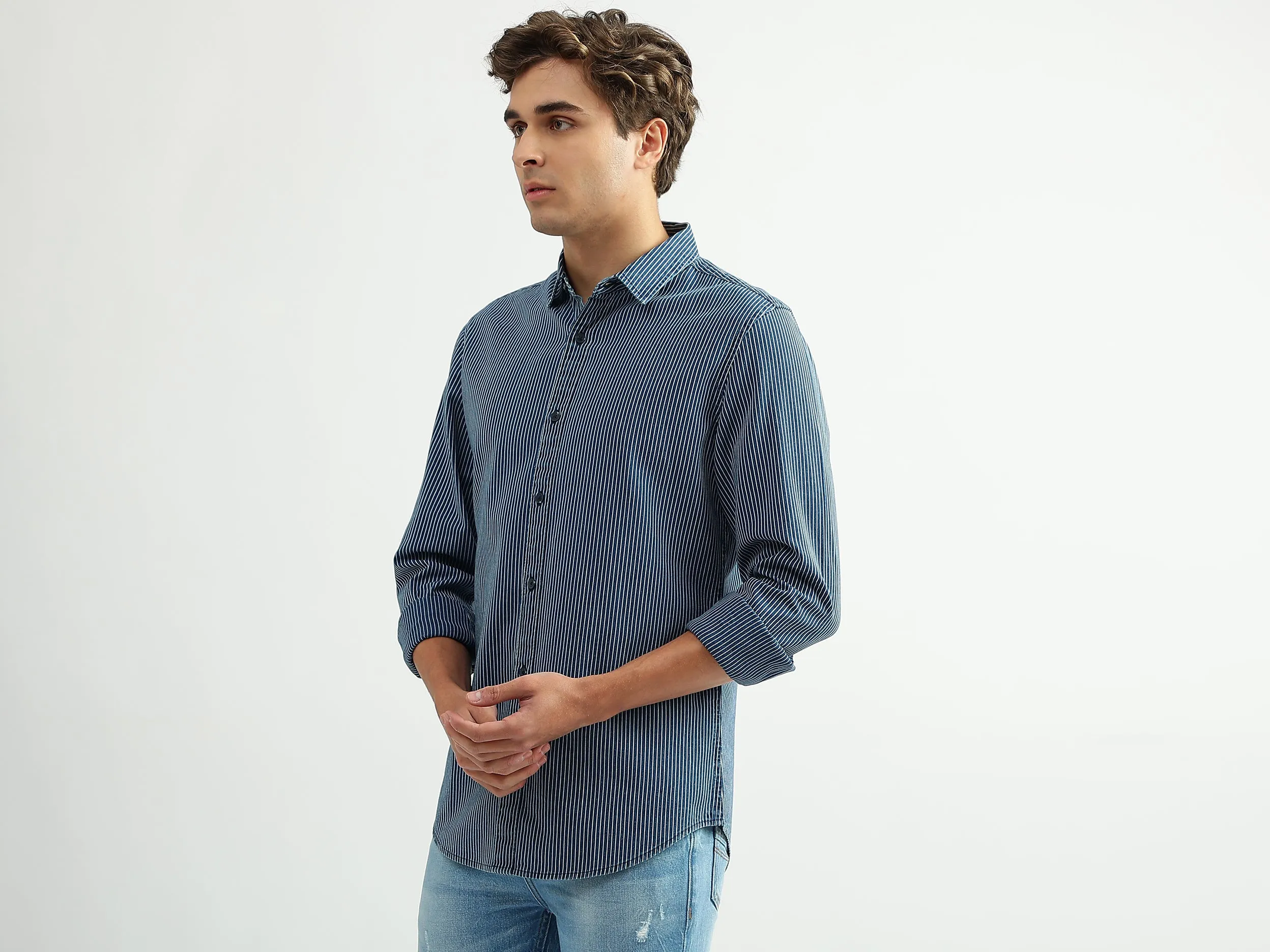 Men Striped Spread Collar Shirt