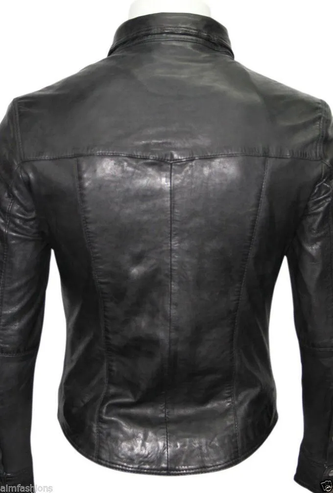 Men's Black Leather Slim Fit Snap Button Shirt MS02