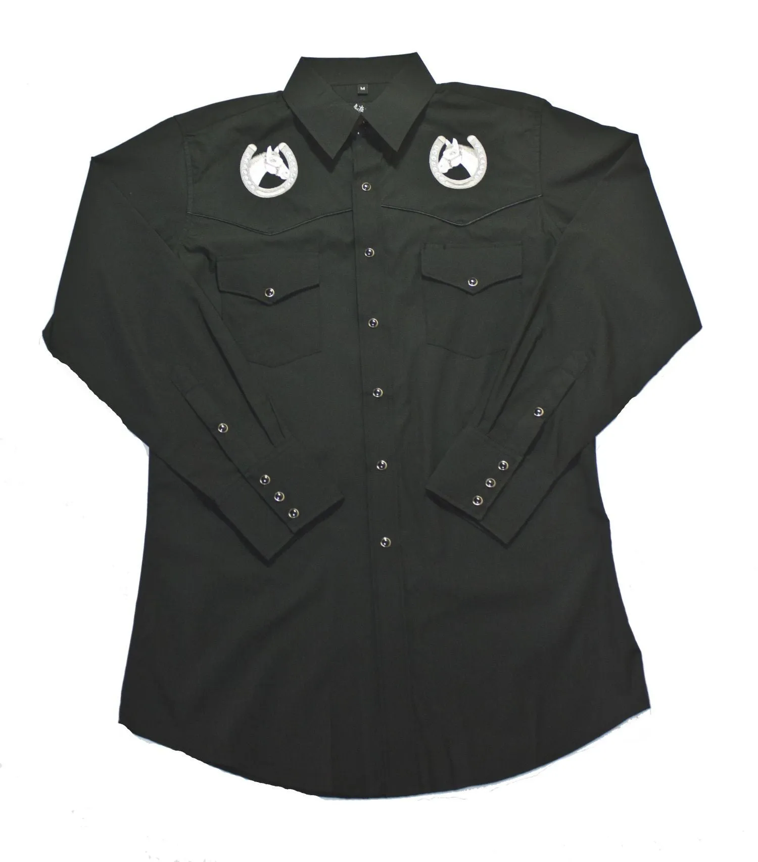 Men's Embroidered Western Shirt: White Horse Horseshoes and Horse Heads