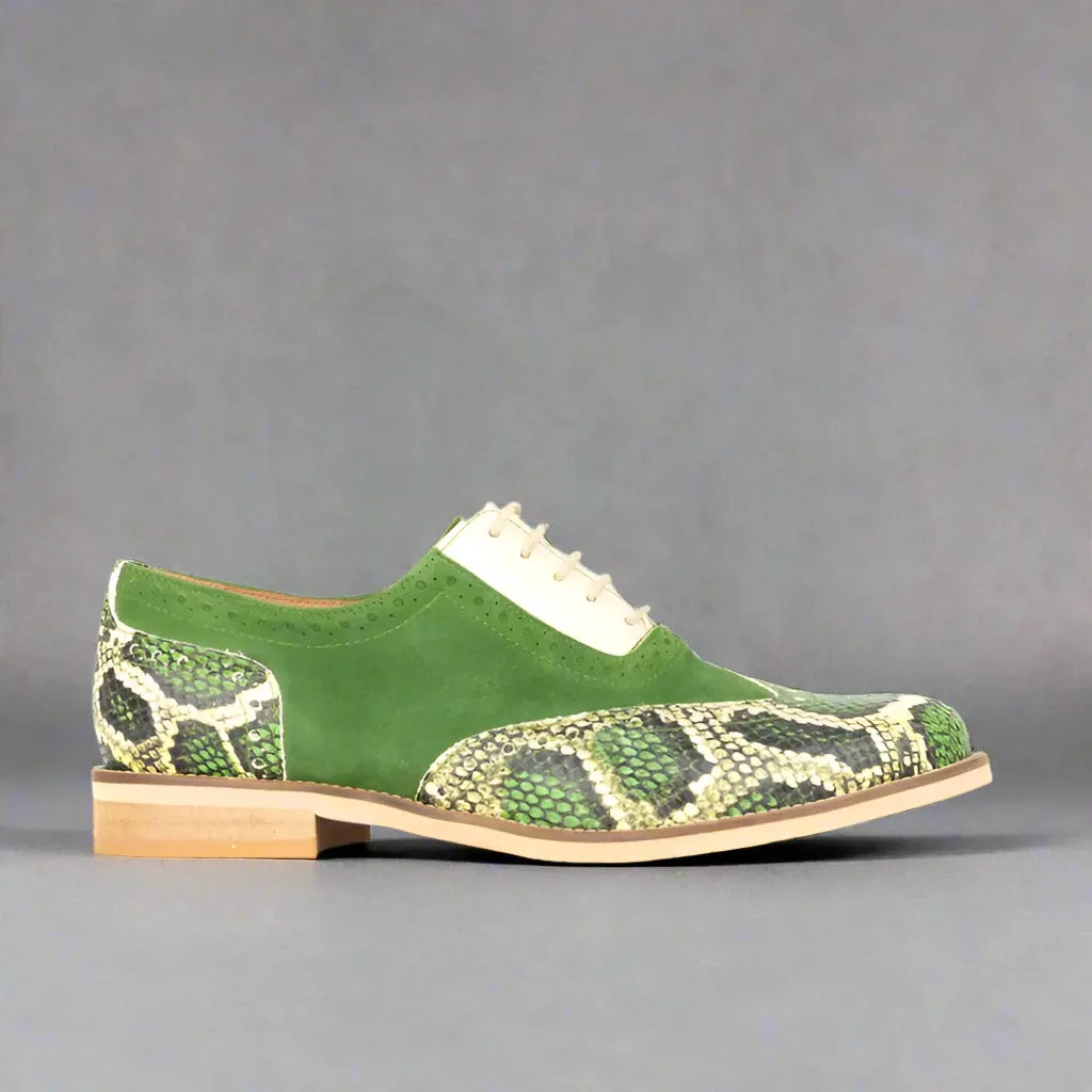 Men’s Two Tone Exotic Green Snack Leather & Green Suede Leather Lace Up Fine Shoes - Formal Shoes