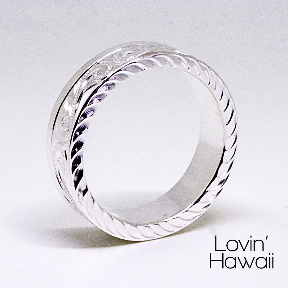Mens Wedding Band Hawaiian Ring, Engraved with Hawaiian Scroll and Maile leaves, (8mm, Flat Style)