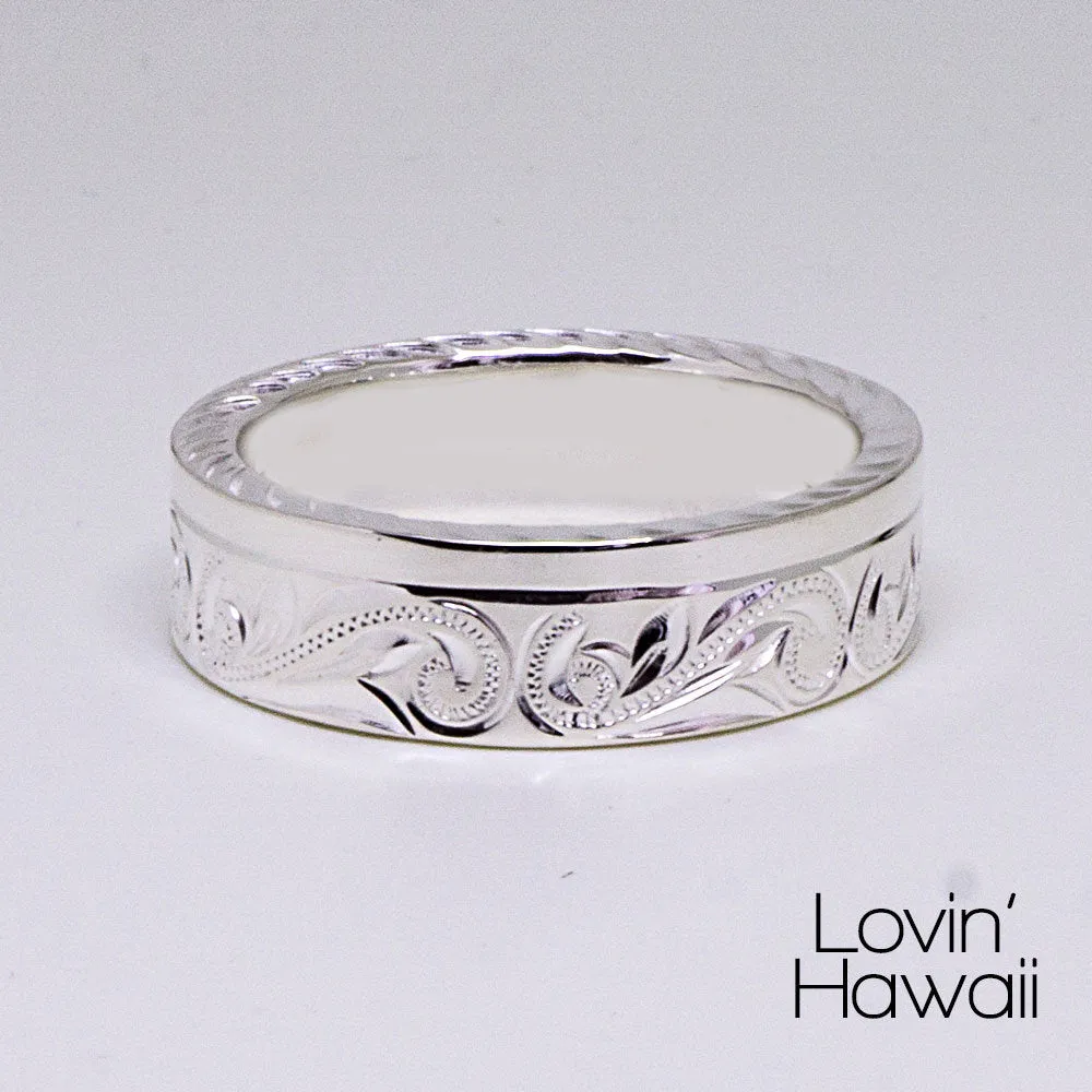 Mens Wedding Band Hawaiian Ring, Engraved with Hawaiian Scroll and Maile leaves, (8mm, Flat Style)