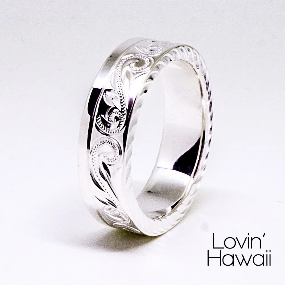 Mens Wedding Band Hawaiian Ring, Engraved with Hawaiian Scroll and Maile leaves, (8mm, Flat Style)