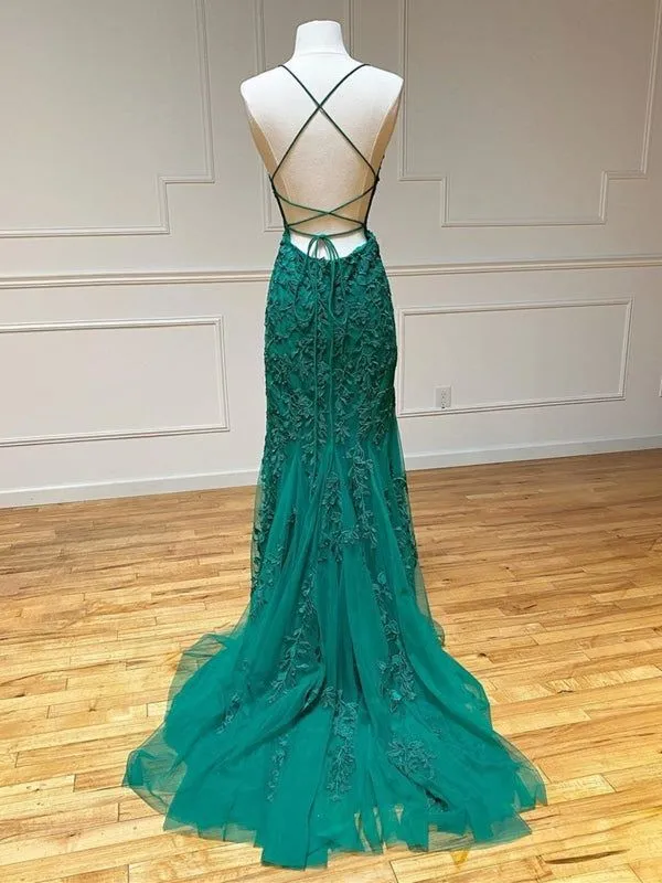 Mermaid Backless Green Lace Long Prom, Mermaid Green Formal, Green Lace Evening Dress      fg5833