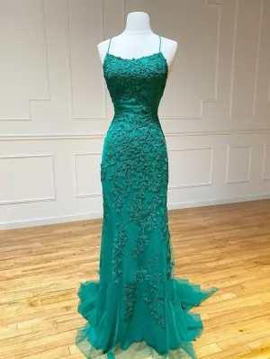 Mermaid Backless Green Lace Long Prom, Mermaid Green Formal, Green Lace Evening Dress      fg5833