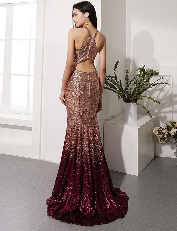 Mermaid Long Prom Dresses Halter Sweep Train Evening Party Dresses TP0963