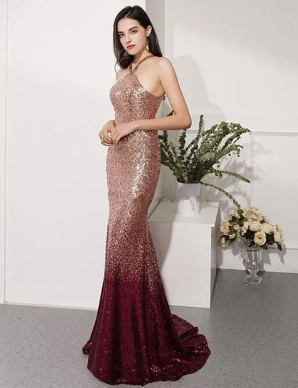 Mermaid Long Prom Dresses Halter Sweep Train Evening Party Dresses TP0963