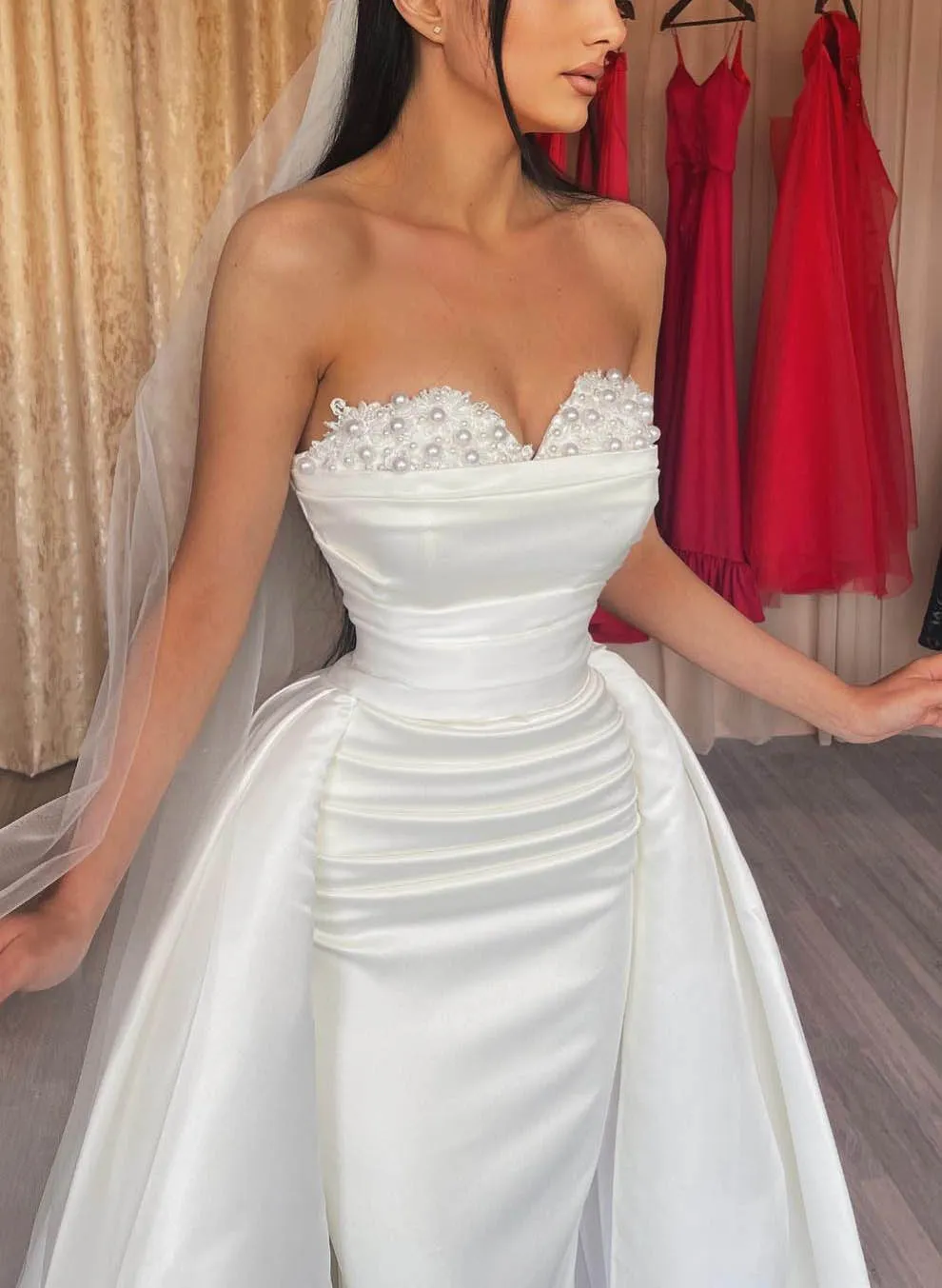 Mermaid Wedding Dresses With Detachable Skirt Sweetheart Long Sleeves Beaded With Pearls Wedding Dress    fg4119