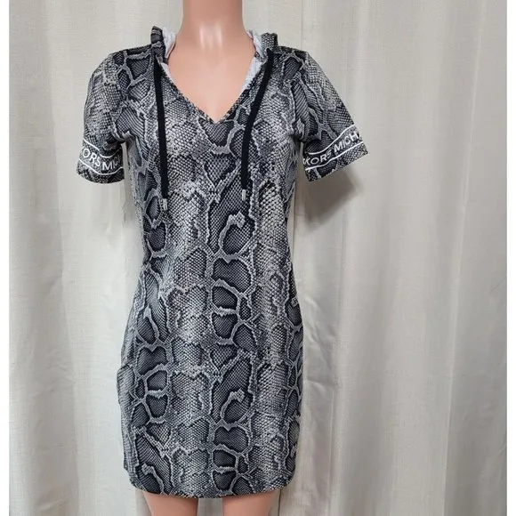Michael Kors Hooded T Shirt Dress Women's Size S Malachite Gray Snakeskin NWT
