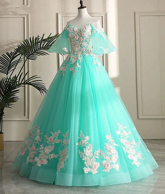 Mint Green Sweetheart Sweetheart Flowers Tulle Formal Dress, Mint Green Formal Dress