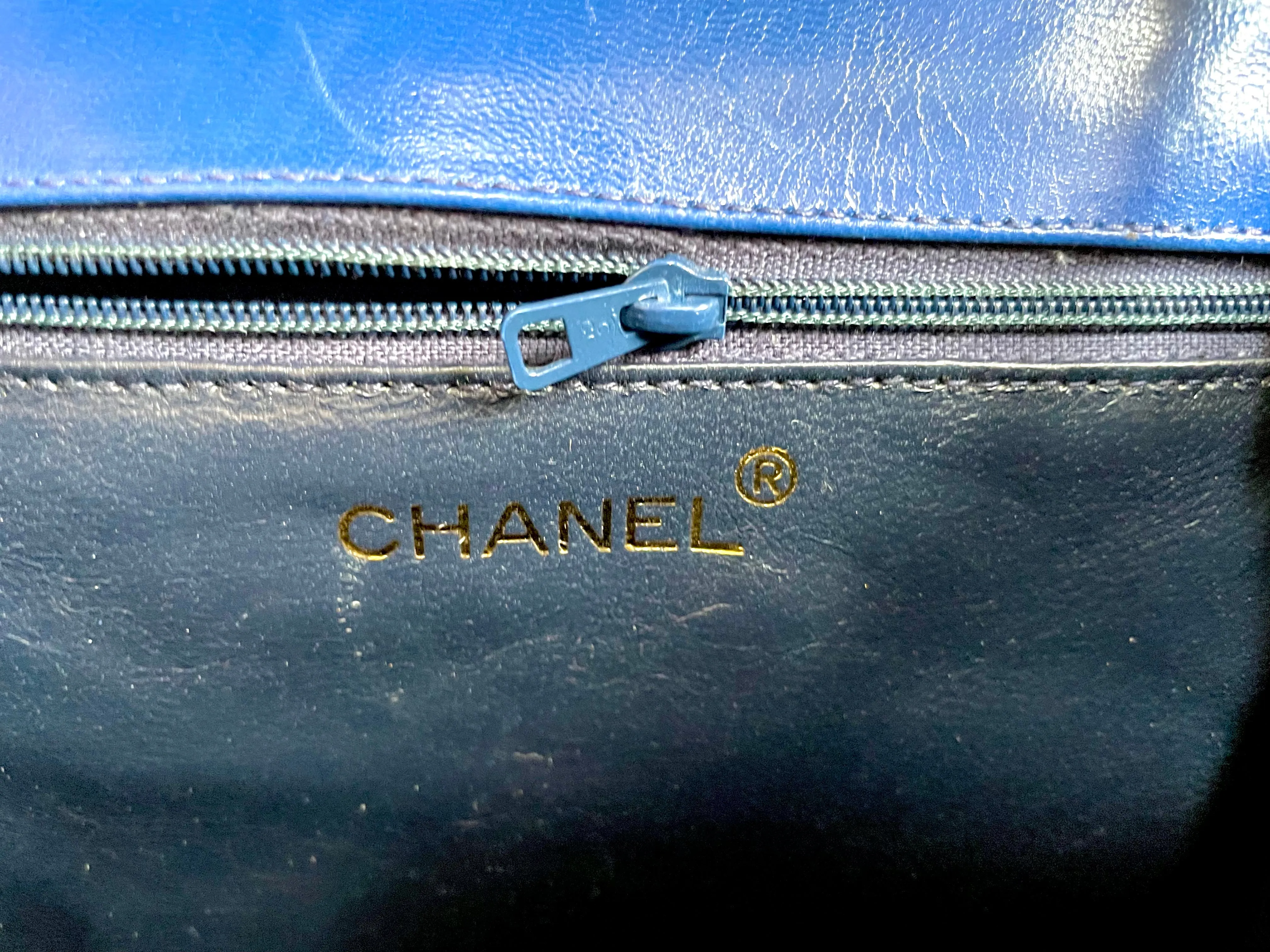 MINT. Vintage CHANEL blue genuine lizard leather double envelop style flap shoulder purse with golden chain strap and tassel. 050225ac1