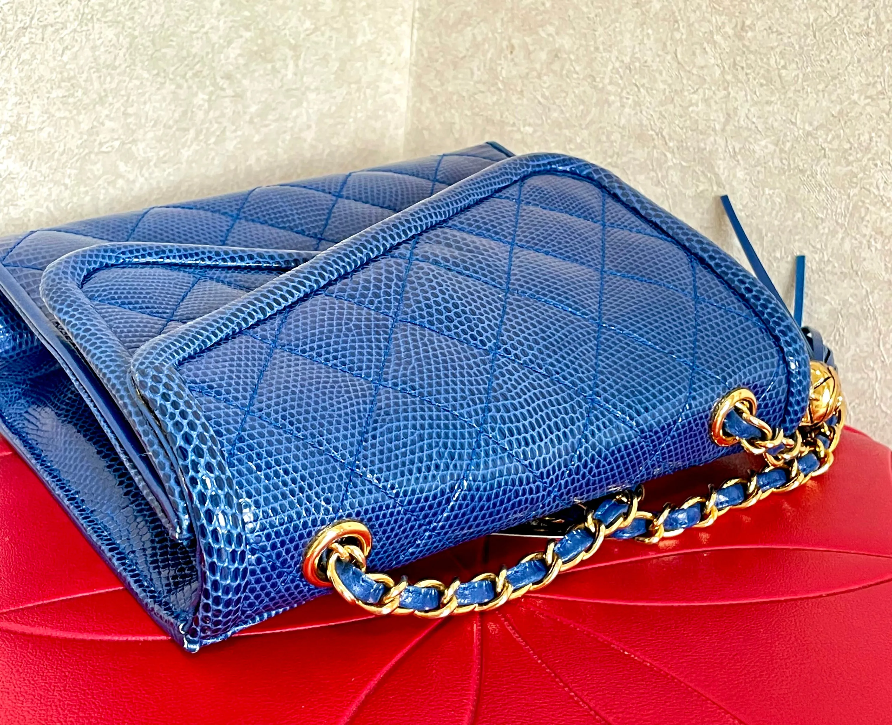 MINT. Vintage CHANEL blue genuine lizard leather double envelop style flap shoulder purse with golden chain strap and tassel. 050225ac1