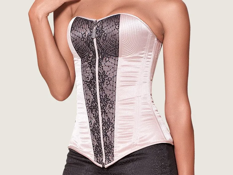 Model 7703A - Champagne Pink Taffeta Steel Boned Corset W/Black Lace Overlay