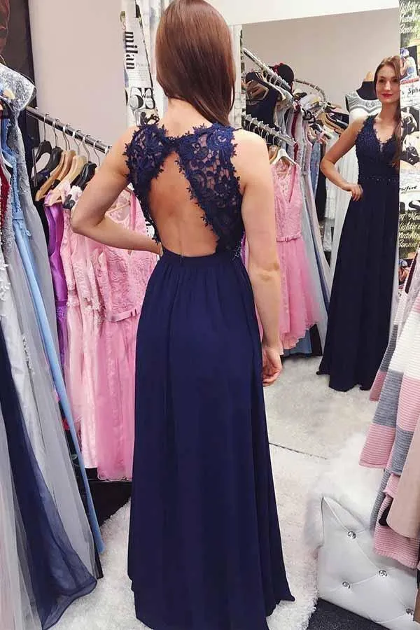 Navy Blue Beading Chiffon Long Prom Dress with Open Back PG828