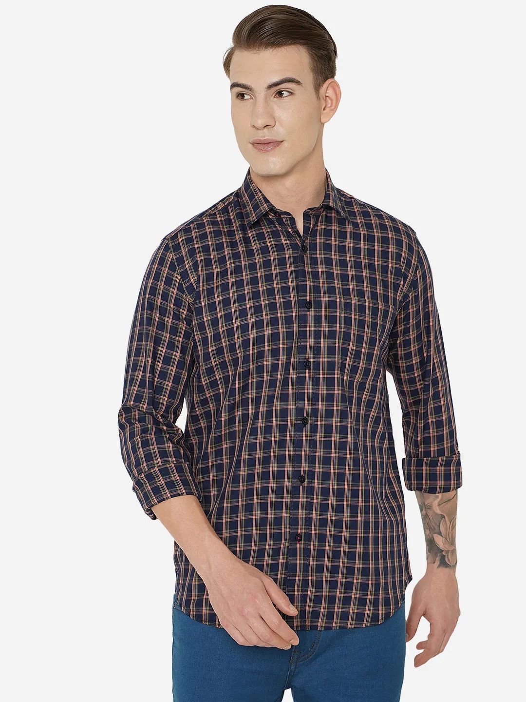Navy Blue Checked Slim Fit Casual Shirt | JadeBlue