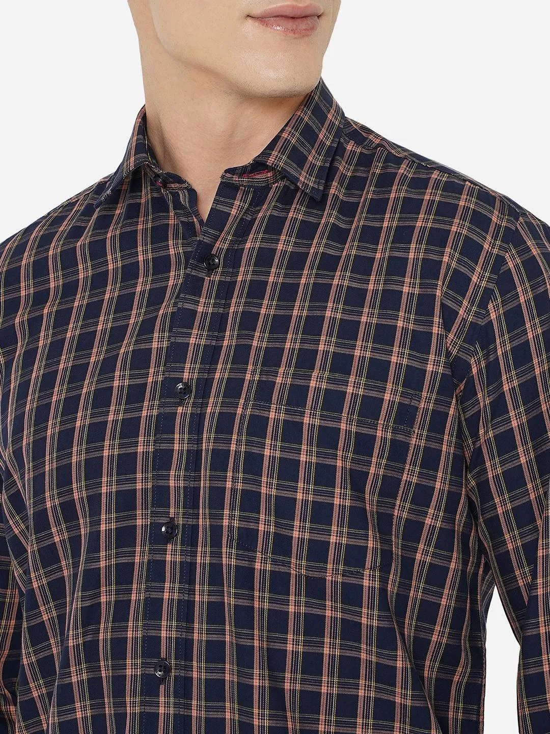 Navy Blue Checked Slim Fit Casual Shirt | JadeBlue