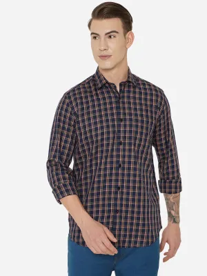 Navy Blue Checked Slim Fit Casual Shirt | JadeBlue