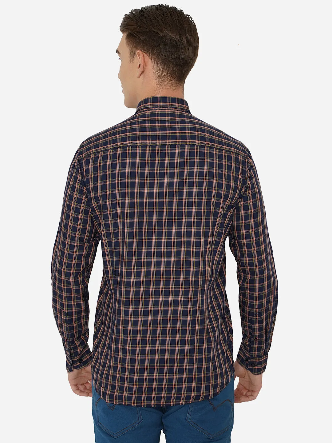 Navy Blue Checked Slim Fit Casual Shirt | JadeBlue