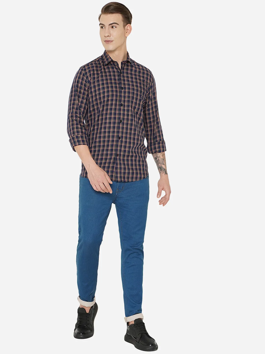 Navy Blue Checked Slim Fit Casual Shirt | JadeBlue