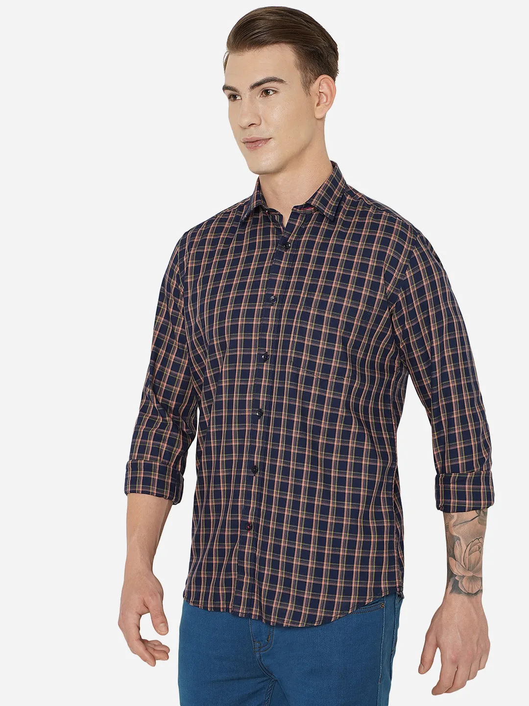 Navy Blue Checked Slim Fit Casual Shirt | JadeBlue