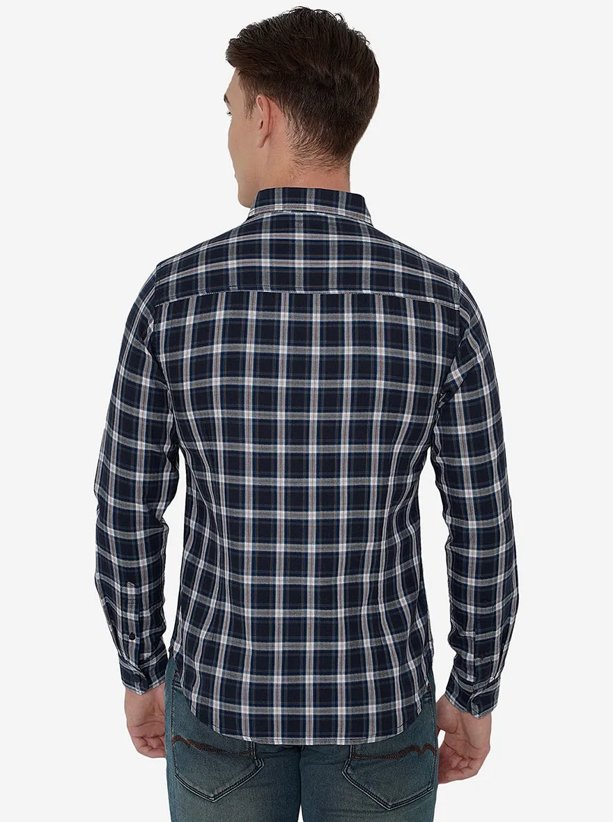 Navy Blue Checked Slim Fit Semi Casual Shirt | Greenfibre
