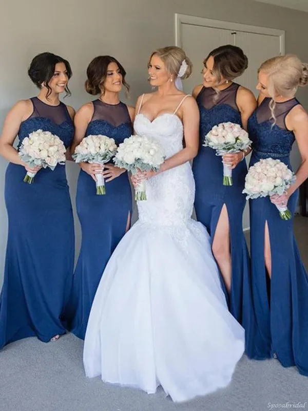 Navy Blue Mermaid Country Vintage Long Fashion Bridesmaids Dresses WG857