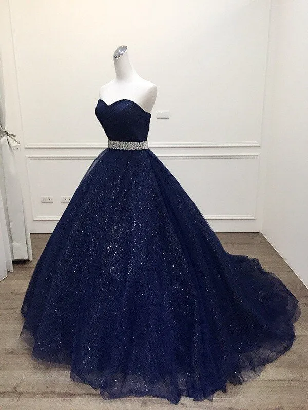 Navy Blue Shiny Tulle Sweetheart Beaded Waist Long Party Dress, Blue Formal Dress Prom Dress