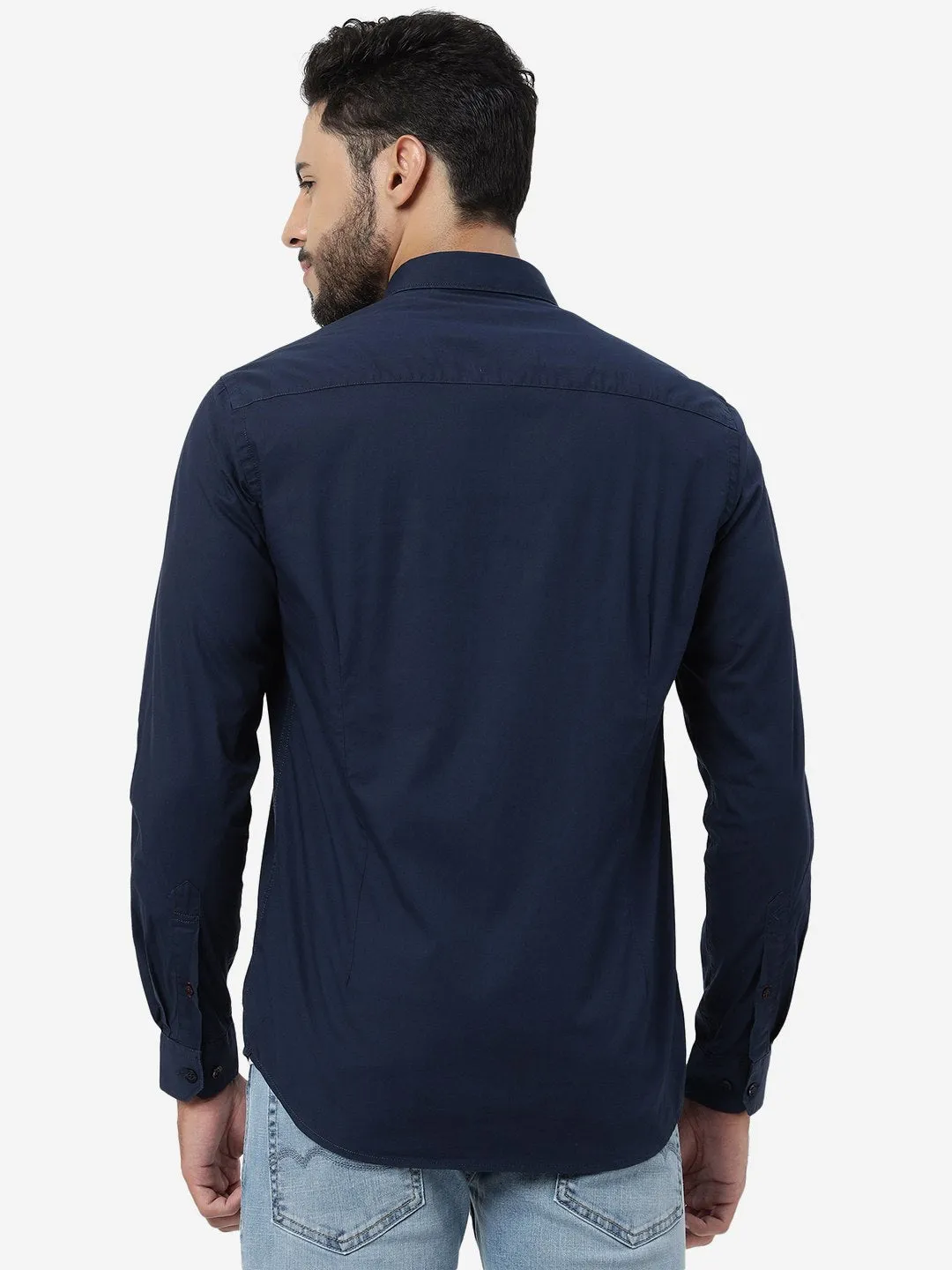Navy Blue Solid Smart Fit Semi Casual Shirt | Greenfibre