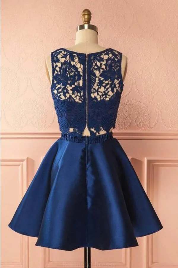 Navy Blue Two Piece Lace Homecoming Dresses Cheap Short Prom Dress, SH360
