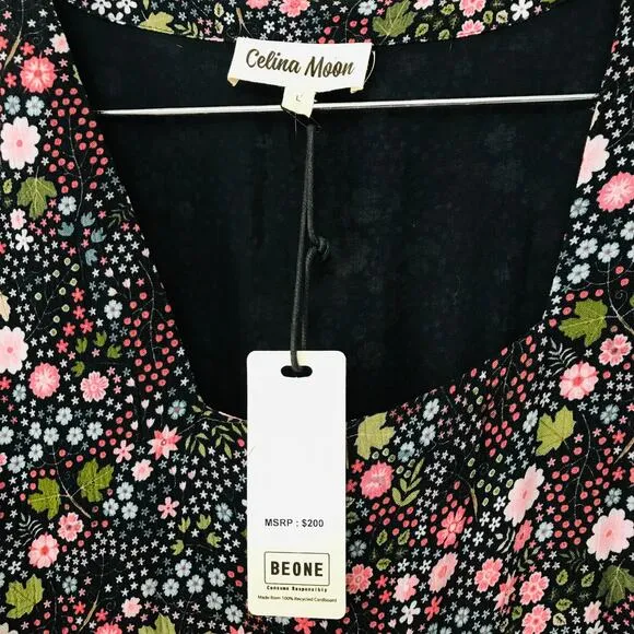 New Celina Moon Tiered Midi Dress Black Floral Dress Women's Size L