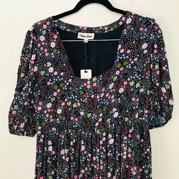 New Celina Moon Tiered Midi Dress Black Floral Dress Women's Size L