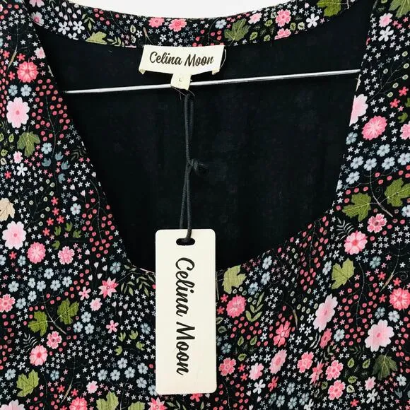 New Celina Moon Tiered Midi Dress Black Floral Dress Women's Size L