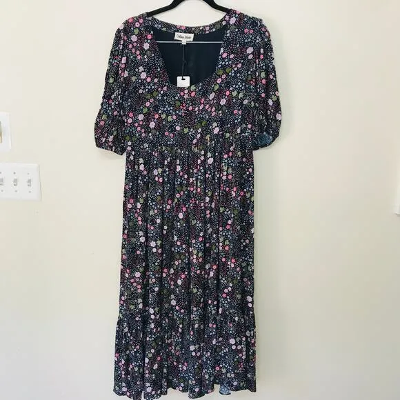 New Celina Moon Tiered Midi Dress Black Floral Dress Women's Size L