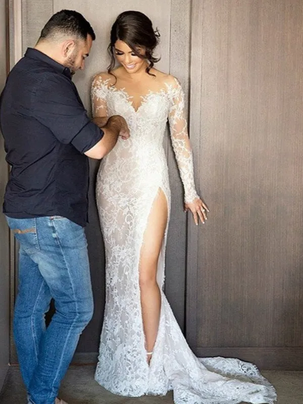 New Full Lace Split Mermaid Long Sleeeve Wedding Dresses, PDY0112