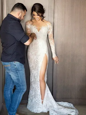 New Full Lace Split Mermaid Long Sleeeve Wedding Dresses, PDY0112