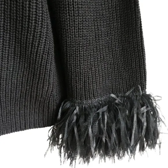 NEW Nic Zoe Black Knit Sweater Cardigan Shell Buttons Ostrich Feather Cuffs L