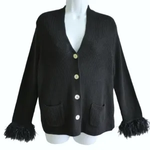 NEW Nic Zoe Black Knit Sweater Cardigan Shell Buttons Ostrich Feather Cuffs L