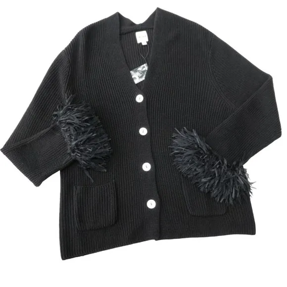 NEW Nic Zoe Black Knit Sweater Cardigan Shell Buttons Ostrich Feather Cuffs L