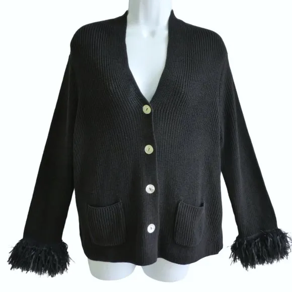 NEW Nic Zoe Black Knit Sweater Cardigan Shell Buttons Ostrich Feather Cuffs L
