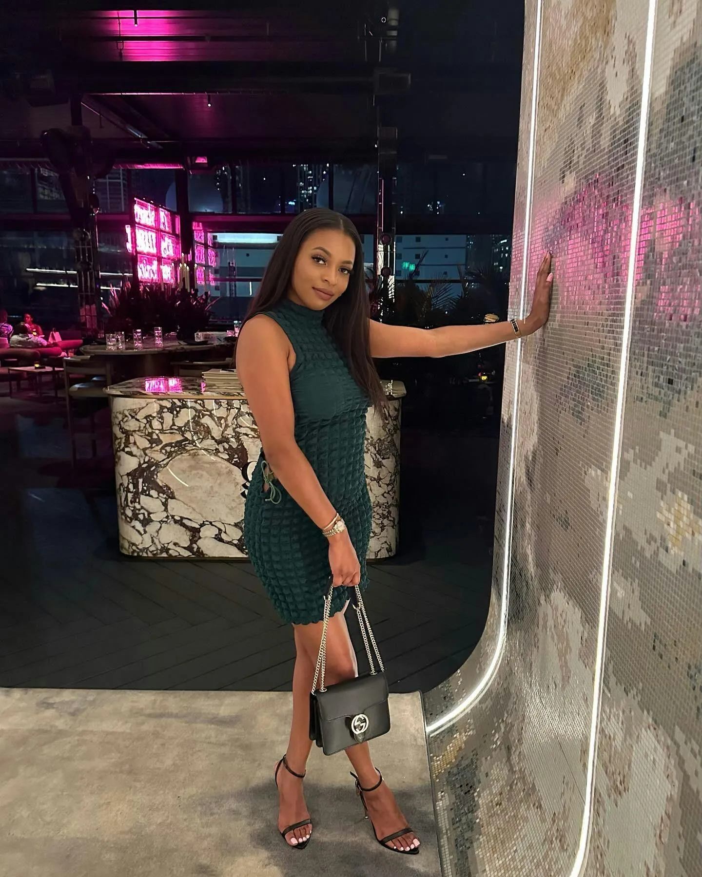 NEW Retails $80 MICAS Emerald Green Check effect mock neck lace up cutout club mini dress Sz L
